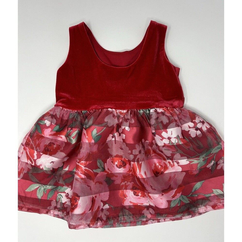 The Childrens Place Red Green Pink Floral Holiday Dress 6-9 M